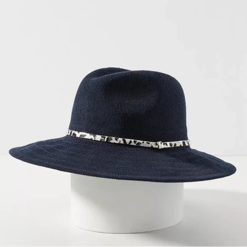 Anthropologie NWOT‎ Cyrus Panama Rancher Hat Navy with metallic animal print